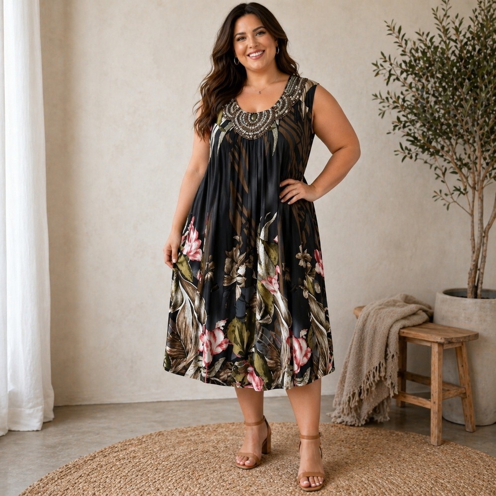 Boho Beaded Midi Dress Plus 24 Flowy Floral Resort Vacation Goddess Dress